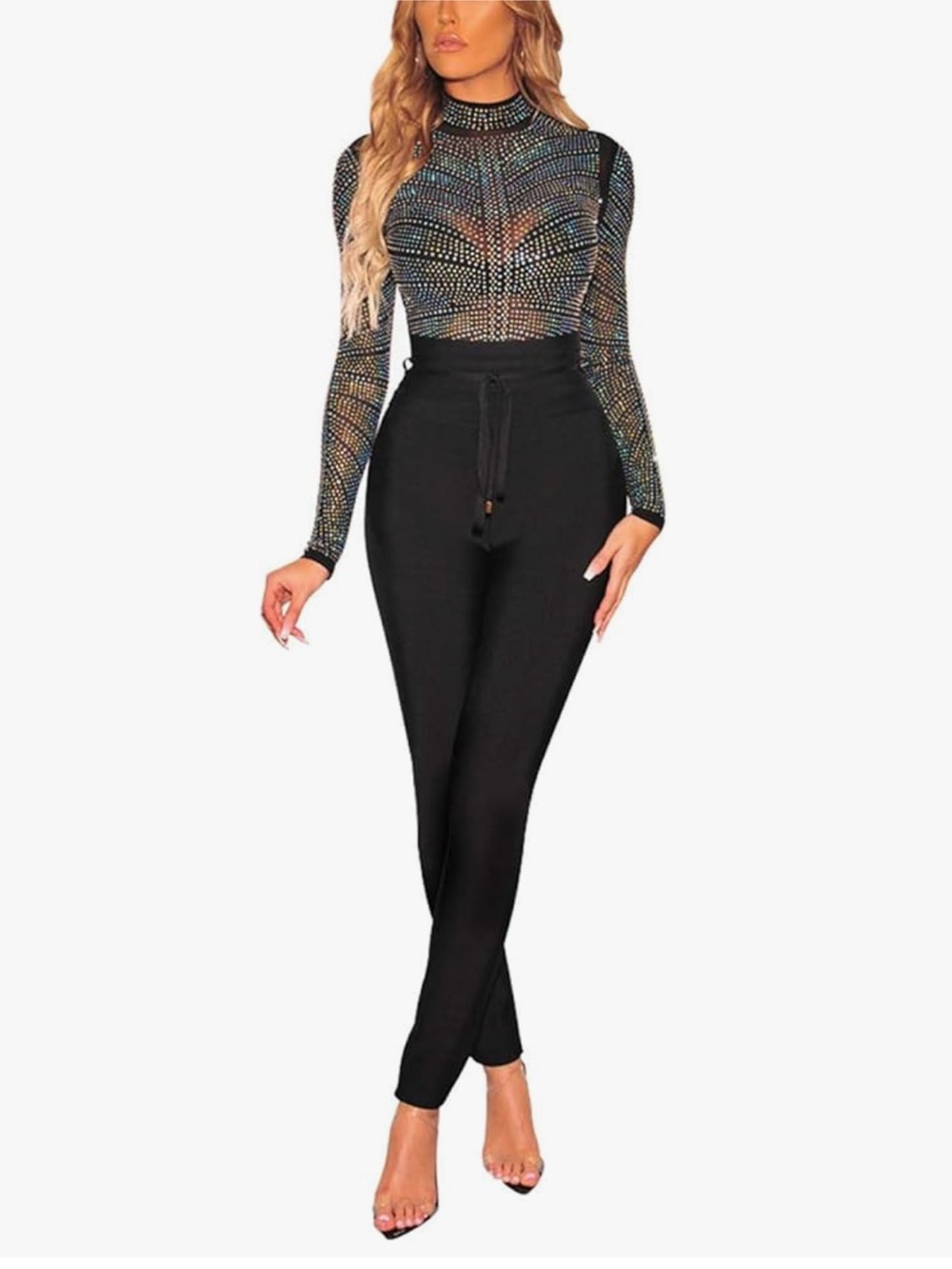 Sheer Rhinestone Long Sleeve Bodysuit - Black
